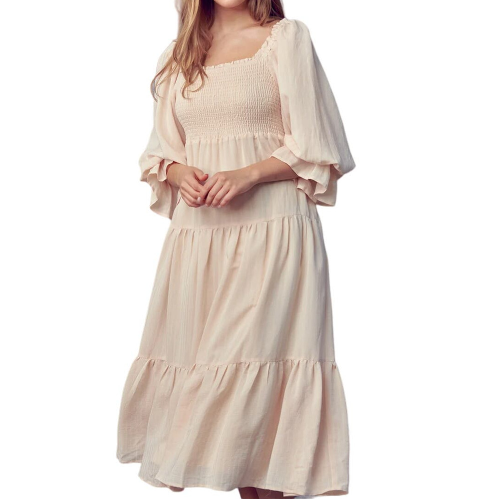&Merci M NEW Womens Smocked Bodice Ruffle Sleeve Dress Tiered Cream